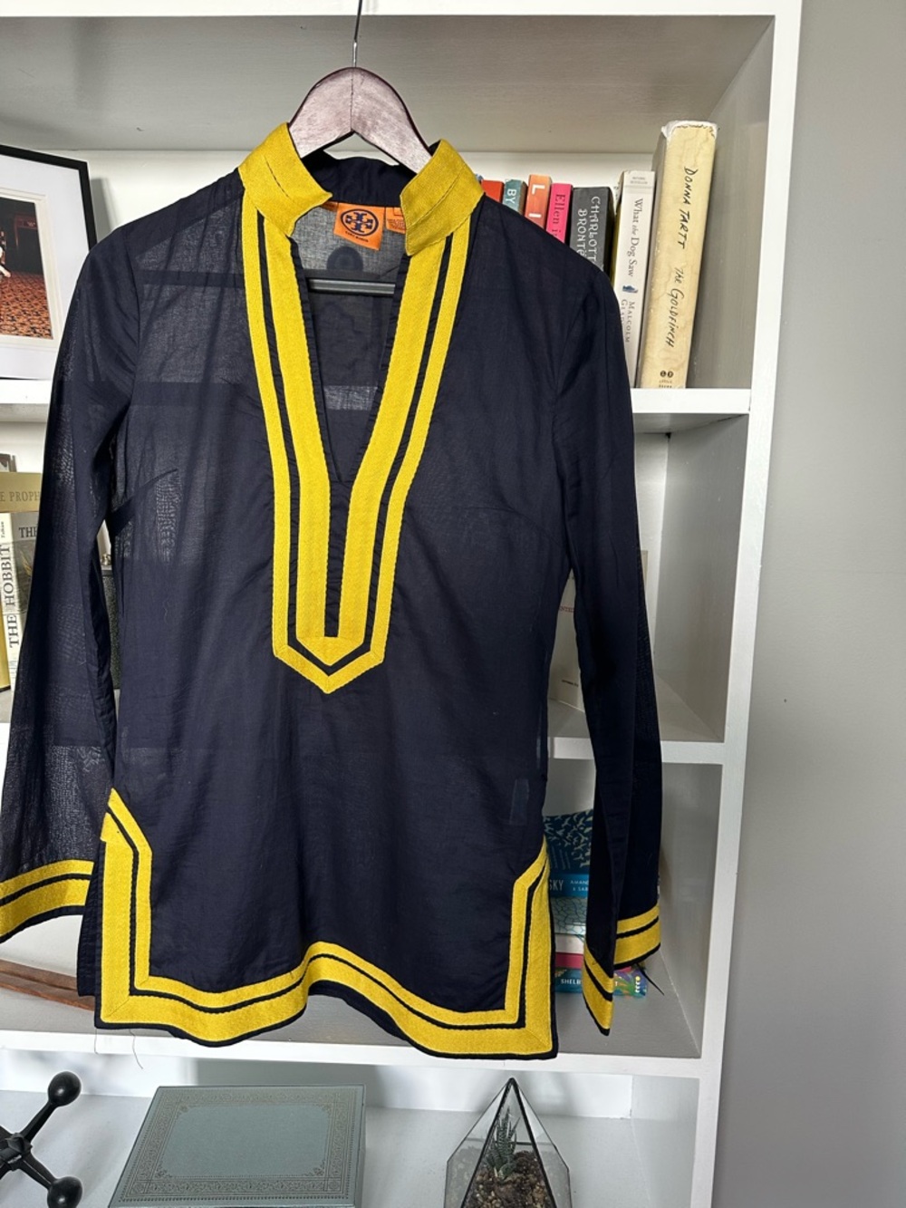 Tory Burch Navy Long-Sleeve Tunic with Yellow Trim - Picture 2 of 7